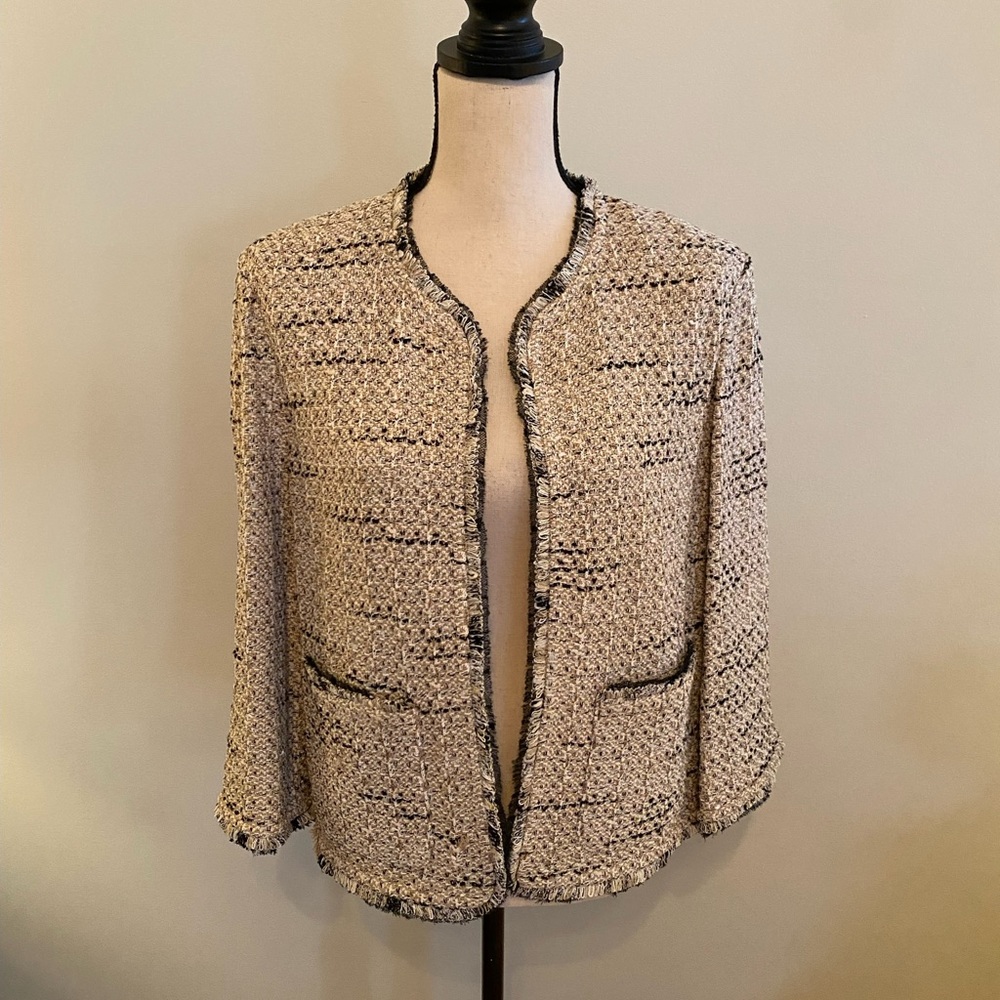 St. John Cream and Black Tweed Open-Front Jacket